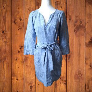 BODEN Size 2R Blue Dress 100% Linen Belted Pockets Beach Vacation Classic